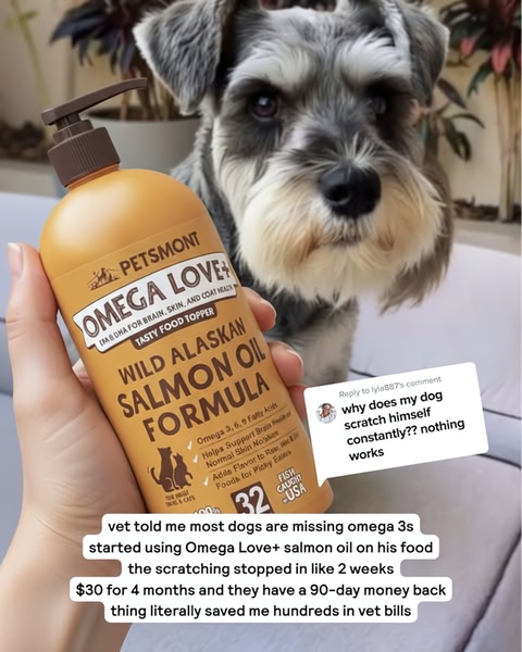 This creative uses a user-comment interaction to address common pet itching issues by positioning the salmon oil as a direct, affordable solution.